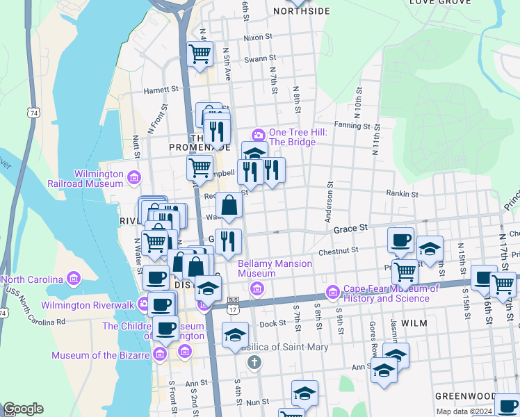 map of restaurants, bars, coffee shops, grocery stores, and more near 517 Walnut Street in Wilmington
