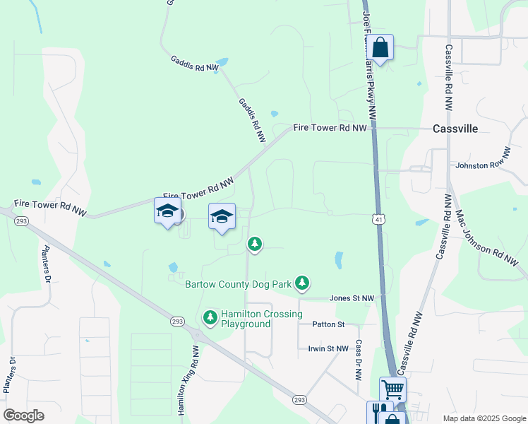 map of restaurants, bars, coffee shops, grocery stores, and more near Jane Boulevard in Bartow County