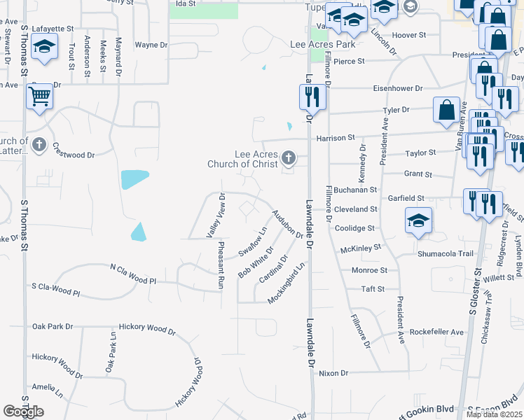 map of restaurants, bars, coffee shops, grocery stores, and more near 3 Banbury Place in Tupelo