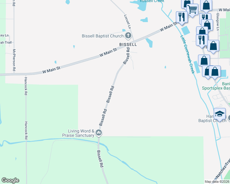 map of restaurants, bars, coffee shops, grocery stores, and more near 899-1025 Bissell Road in Tupelo