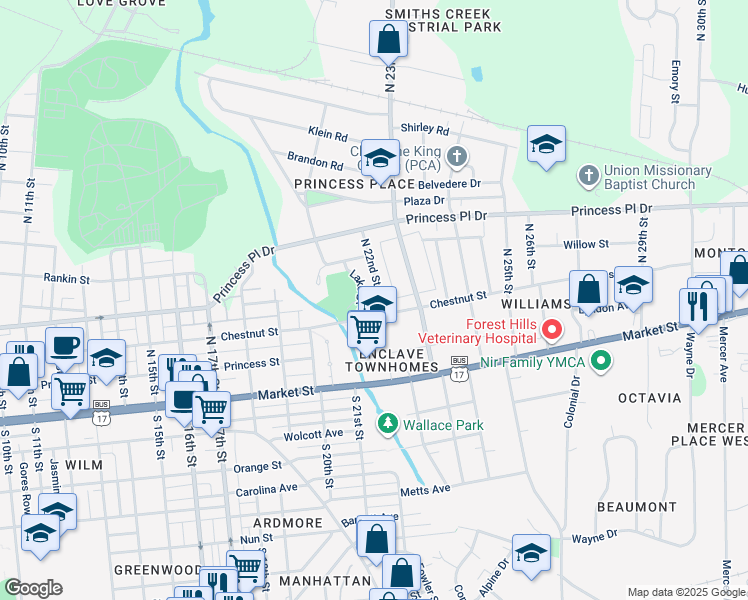 map of restaurants, bars, coffee shops, grocery stores, and more near 205 North 22nd Street in Wilmington