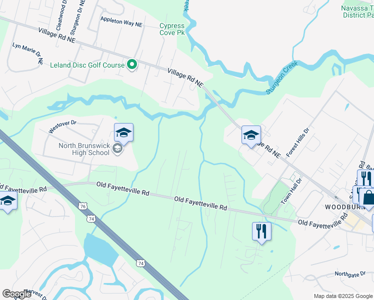 map of restaurants, bars, coffee shops, grocery stores, and more near 198 John Sneed Lane in Leland