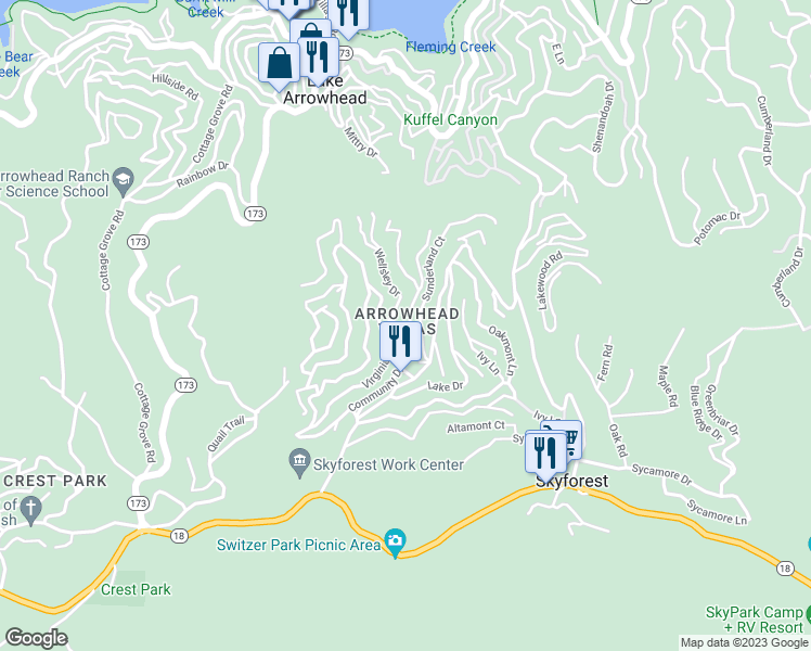 map of restaurants, bars, coffee shops, grocery stores, and more near 700 Community Drive in Lake Arrowhead