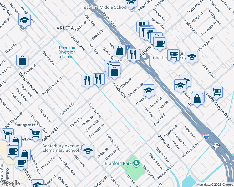 map of restaurants, bars, coffee shops, grocery stores, and more near 13410 Wingo Street in Los Angeles