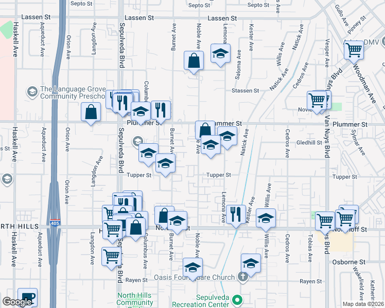 map of restaurants, bars, coffee shops, grocery stores, and more near 9355 Noble Avenue in Los Angeles