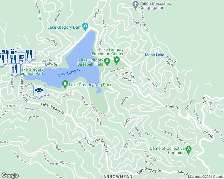map of restaurants, bars, coffee shops, grocery stores, and more near Berne Drive in Crestline