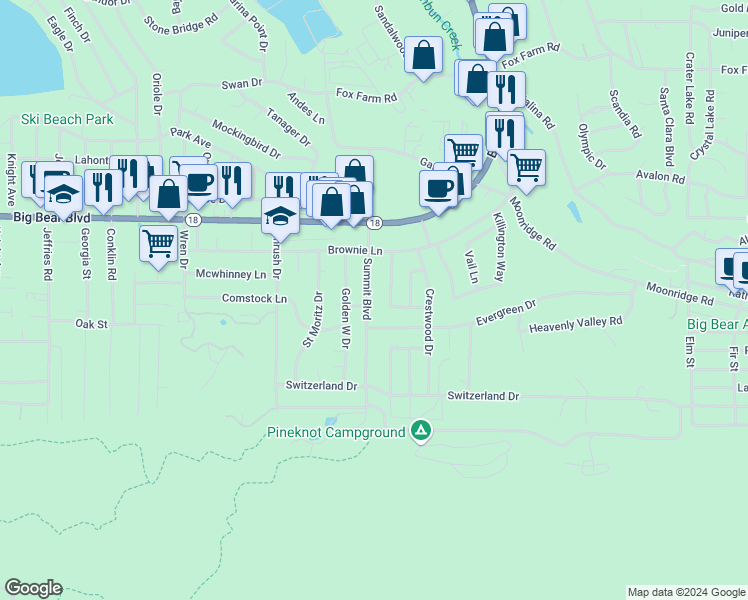 map of restaurants, bars, coffee shops, grocery stores, and more near 645 Summit Boulevard in Big Bear Lake