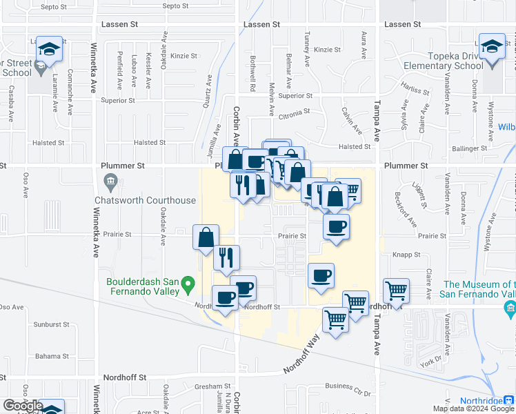 map of restaurants, bars, coffee shops, grocery stores, and more near 9345 Melvin Avenue in Los Angeles