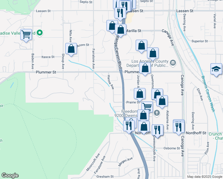 map of restaurants, bars, coffee shops, grocery stores, and more near 9355 Hanna Avenue in Los Angeles