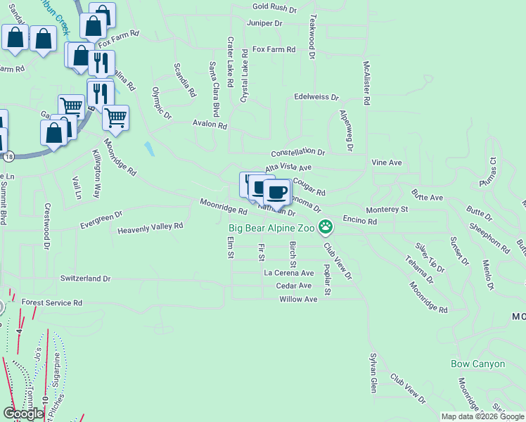 map of restaurants, bars, coffee shops, grocery stores, and more near 42612 Moonridge Road in Big Bear Lake