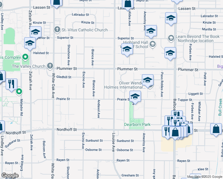 map of restaurants, bars, coffee shops, grocery stores, and more near 9339 Louise Avenue in Los Angeles