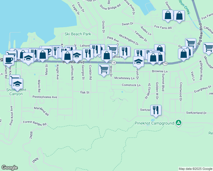 map of restaurants, bars, coffee shops, grocery stores, and more near 41490 Comstock Lane in Big Bear Lake