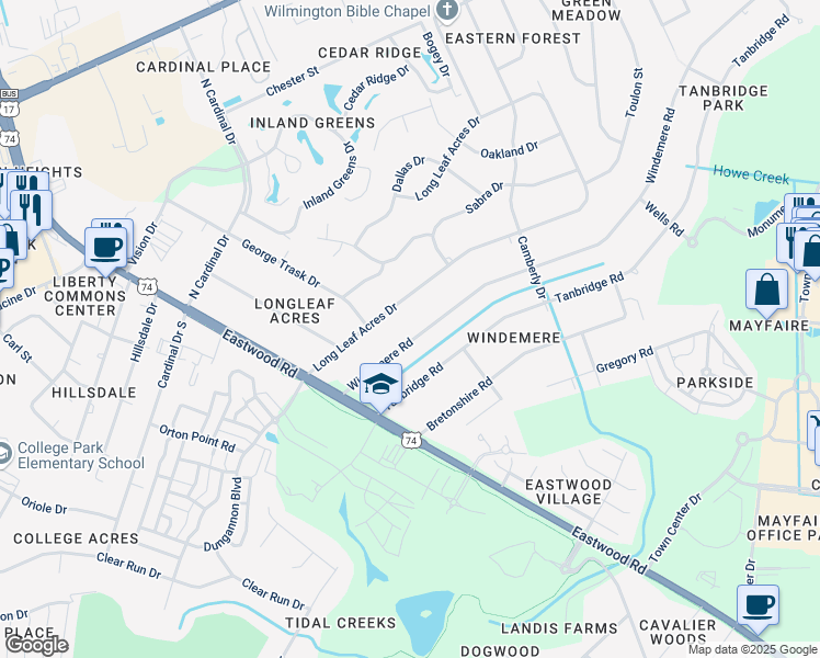 map of restaurants, bars, coffee shops, grocery stores, and more near 201 Windemere Road in Wilmington