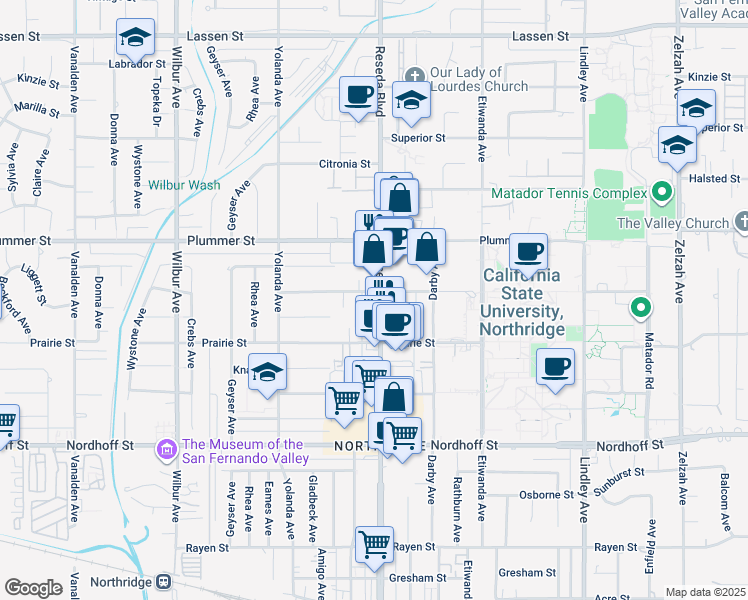 map of restaurants, bars, coffee shops, grocery stores, and more near 9353 Reseda Boulevard in Los Angeles