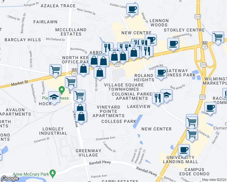 map of restaurants, bars, coffee shops, grocery stores, and more near Lullwater Drive & Lamppost Circle in Wilmington