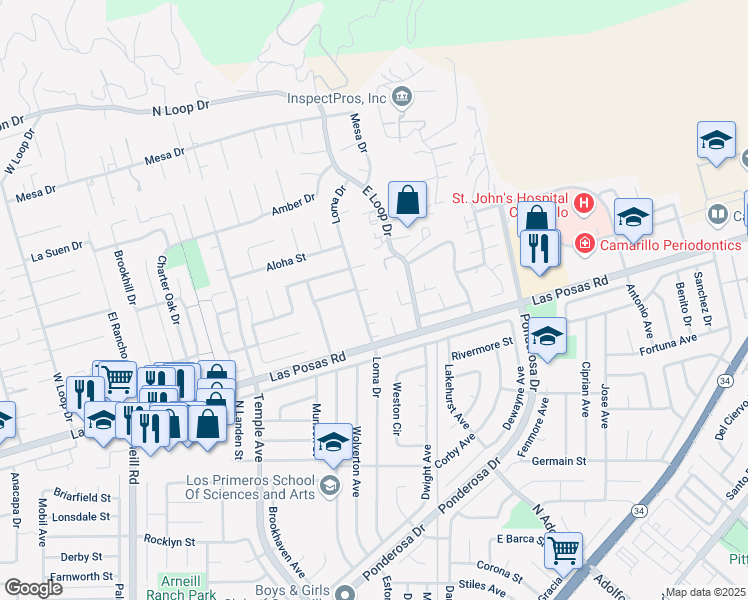 map of restaurants, bars, coffee shops, grocery stores, and more near 100 Loma Drive in Camarillo