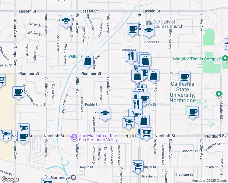 map of restaurants, bars, coffee shops, grocery stores, and more near 18638 Vincennes Street in Los Angeles