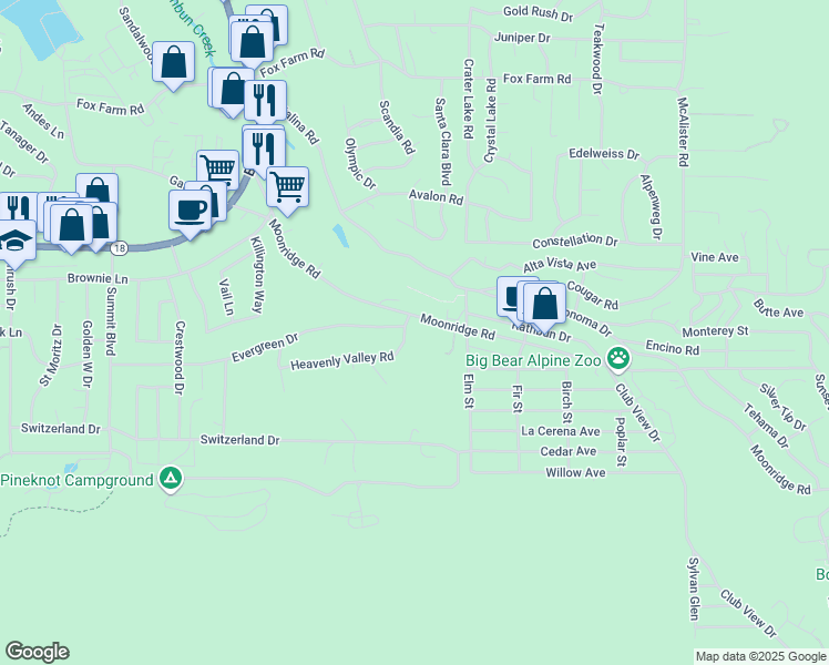 map of restaurants, bars, coffee shops, grocery stores, and more near 42415 Heavenly Valley Road in Big Bear Lake