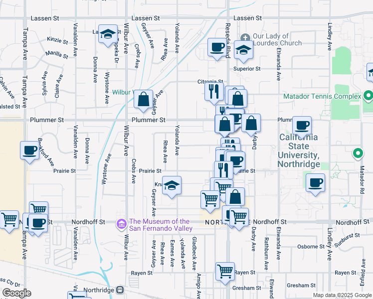 map of restaurants, bars, coffee shops, grocery stores, and more near 18638 Vincennes Street in Los Angeles
