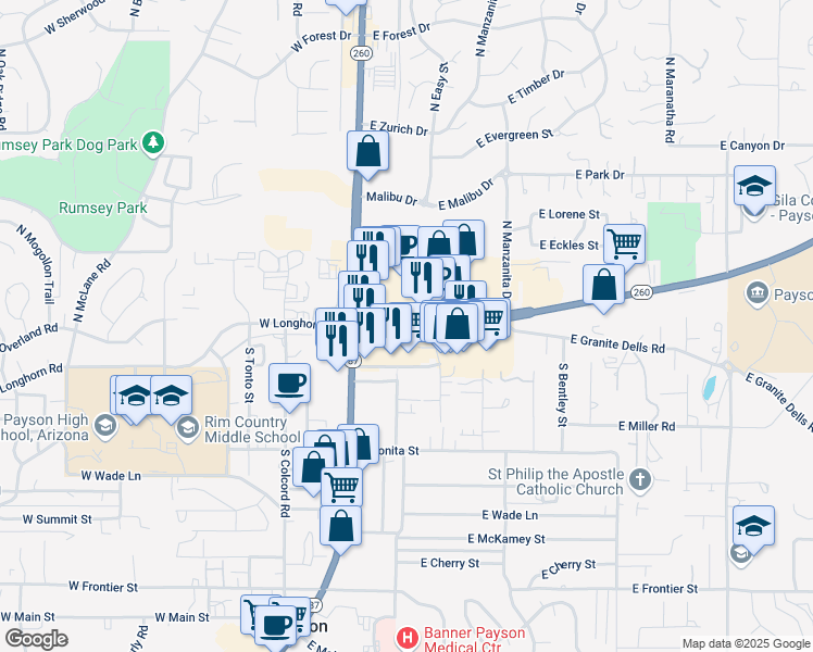 map of restaurants, bars, coffee shops, grocery stores, and more near 170 Arizona 260 in Payson