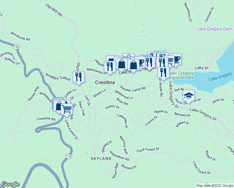 map of restaurants, bars, coffee shops, grocery stores, and more near 23827 Wildwood Lane in Crestline