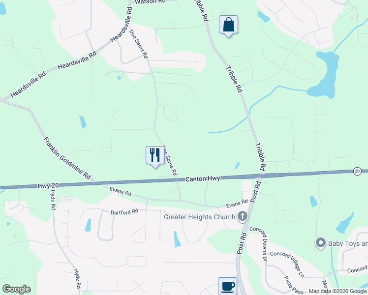 map of restaurants, bars, coffee shops, grocery stores, and more near 3992 Doc Sams Road in Cumming