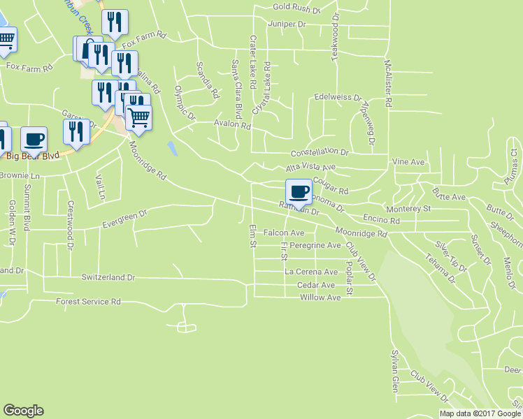 map of restaurants, bars, coffee shops, grocery stores, and more near 42530 Moonridge Rd in Big Bear Lake