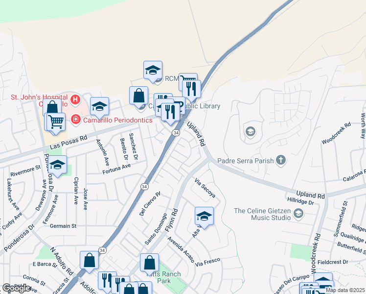 map of restaurants, bars, coffee shops, grocery stores, and more near 4556 Los Damascos Place in Camarillo