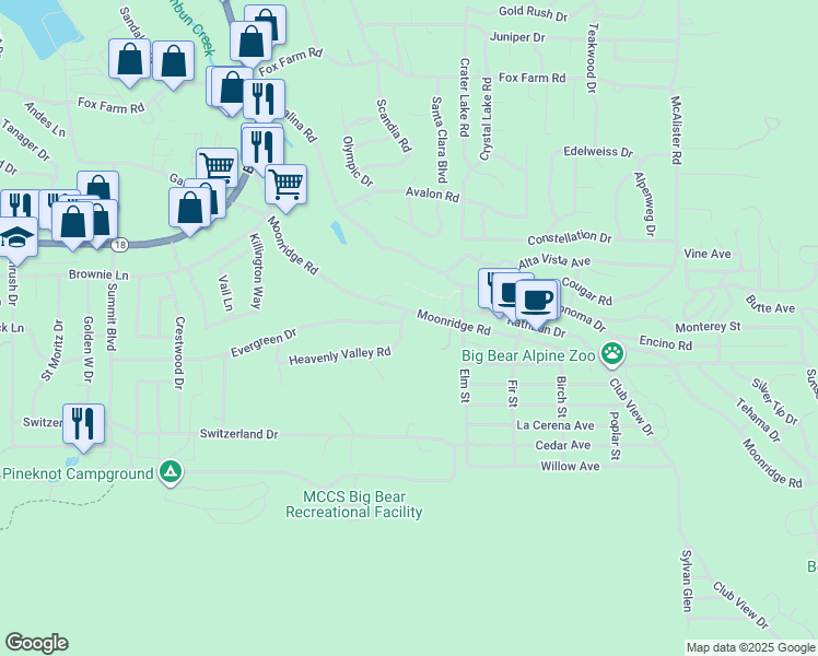map of restaurants, bars, coffee shops, grocery stores, and more near 42415 Heavenly Valley Road in Big Bear Lake