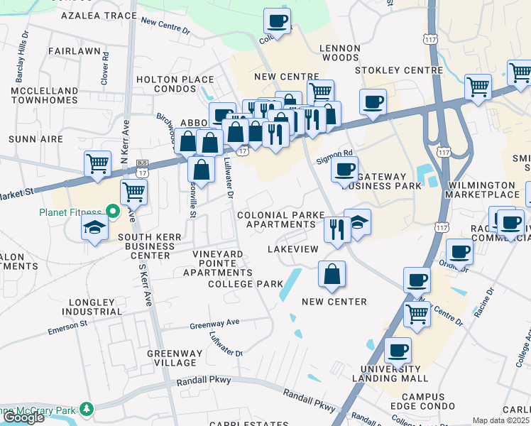 map of restaurants, bars, coffee shops, grocery stores, and more near 5040 Lamppost Circle in Wilmington
