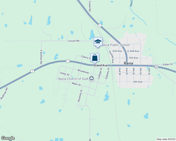 map of restaurants, bars, coffee shops, grocery stores, and more near in Ravia