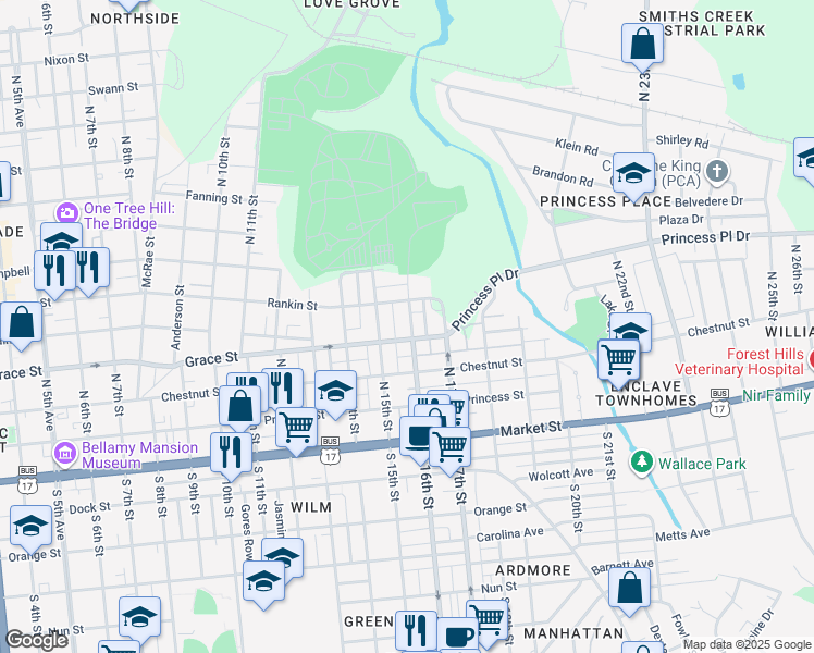 map of restaurants, bars, coffee shops, grocery stores, and more near 305 North 16th Street in Wilmington
