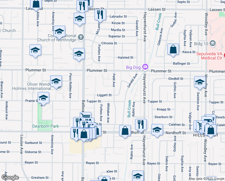 map of restaurants, bars, coffee shops, grocery stores, and more near 9343 Petit Avenue in Los Angeles