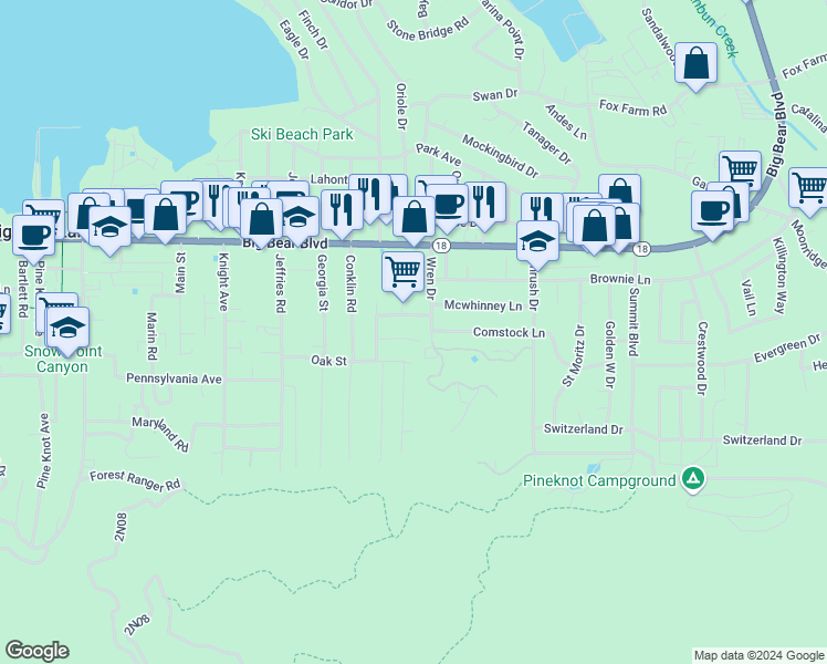 map of restaurants, bars, coffee shops, grocery stores, and more near 41490 Comstock Lane in Big Bear Lake