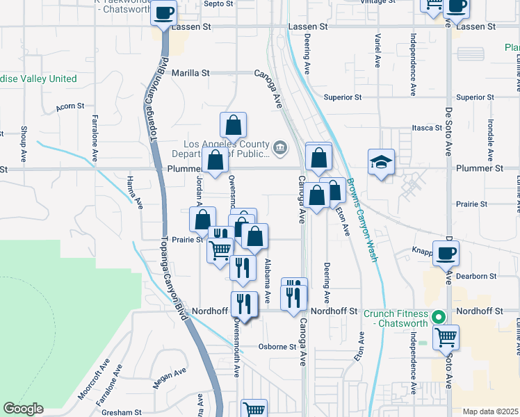 map of restaurants, bars, coffee shops, grocery stores, and more near 21530 Gledhill Street in Los Angeles
