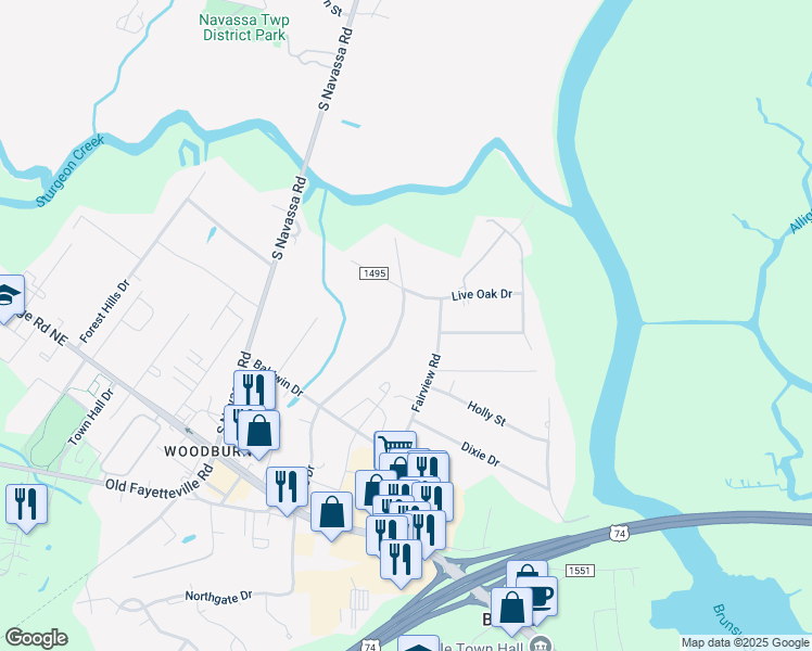 map of restaurants, bars, coffee shops, grocery stores, and more near 128 Lee Drive in Leland