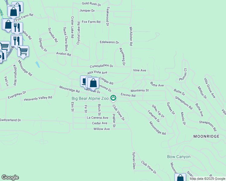 map of restaurants, bars, coffee shops, grocery stores, and more near 42784 Sonoma Drive in Big Bear Lake