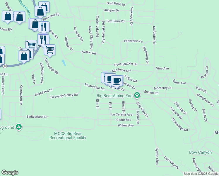 map of restaurants, bars, coffee shops, grocery stores, and more near 42598 Moonridge Road in Big Bear Lake