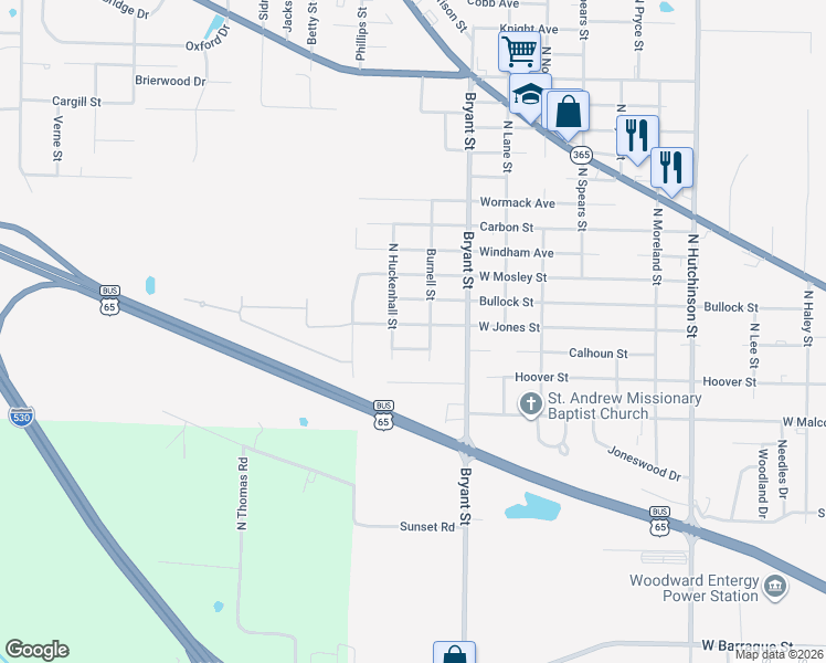 map of restaurants, bars, coffee shops, grocery stores, and more near 1100 Burnell Street in Pine Bluff