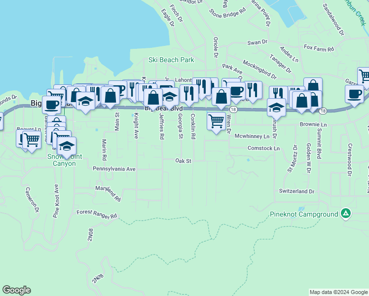 map of restaurants, bars, coffee shops, grocery stores, and more near 657 Georgia Street in Big Bear Lake