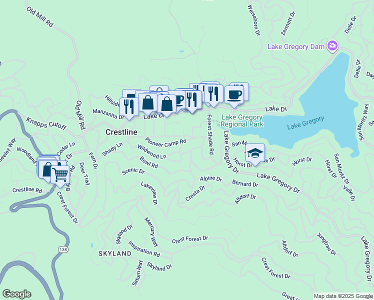 map of restaurants, bars, coffee shops, grocery stores, and more near 23986 Wildwood Lane in Crestline
