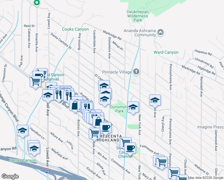 map of restaurants, bars, coffee shops, grocery stores, and more near 4810 Dunsmore Avenue in Glendale