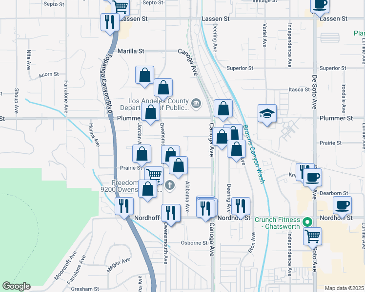 map of restaurants, bars, coffee shops, grocery stores, and more near 21530 Gledhill St in Chatsworth
