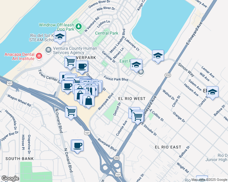 map of restaurants, bars, coffee shops, grocery stores, and more near 401 Danvers River Street in Oxnard