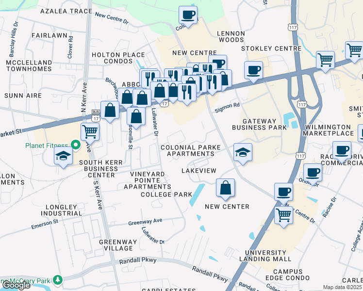 map of restaurants, bars, coffee shops, grocery stores, and more near 5040 Lamppost Circle in Wilmington