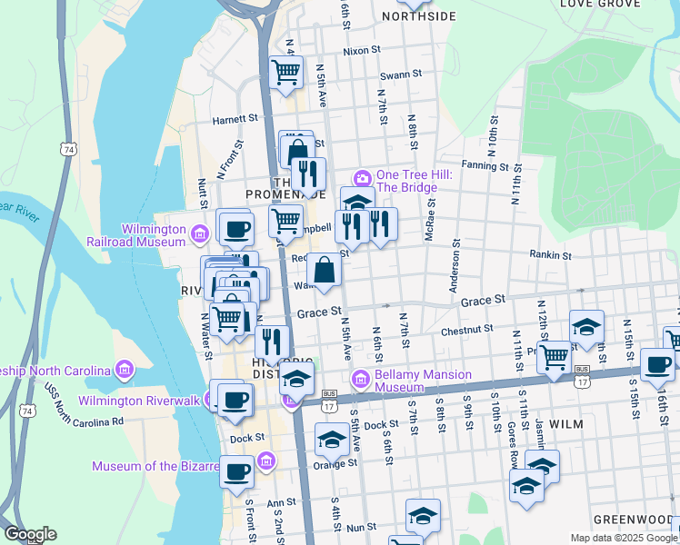 map of restaurants, bars, coffee shops, grocery stores, and more near 415 Walnut Street in Wilmington