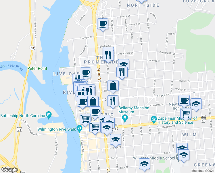 map of restaurants, bars, coffee shops, grocery stores, and more near 313 Walnut Street in Wilmington