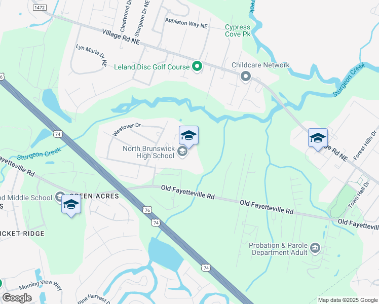 map of restaurants, bars, coffee shops, grocery stores, and more near 114 Scorpion Drive Northeast in Leland