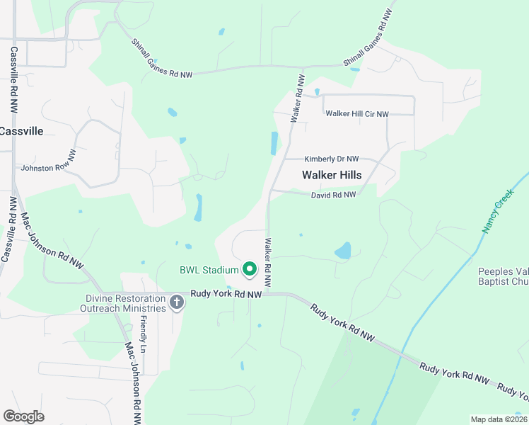 map of restaurants, bars, coffee shops, grocery stores, and more near 77 Walker Road Northwest in Cartersville