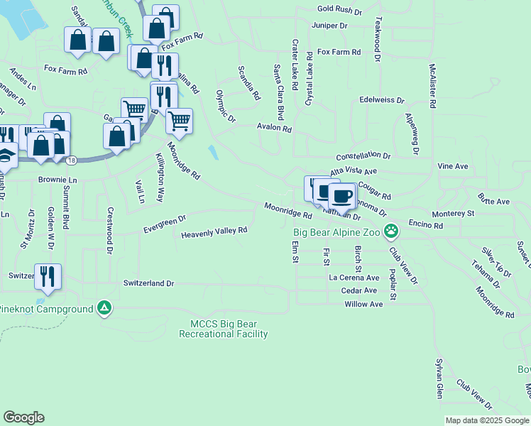 map of restaurants, bars, coffee shops, grocery stores, and more near 42421 Evergreen Drive in Big Bear Lake